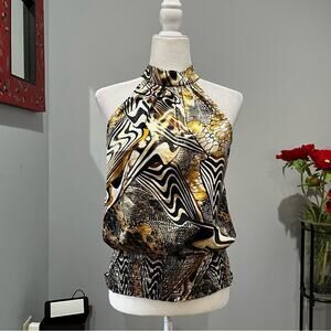 NEW Cache Metallic Shimmer Disco Queen Sleeveless Halter Tie Neck Smocked Top XS